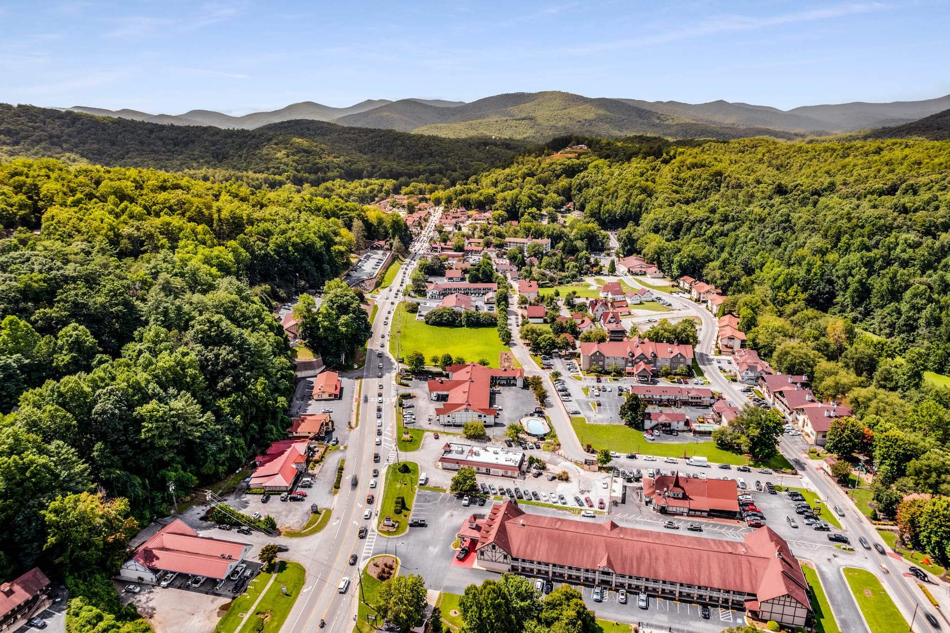 Helen, Georgia from above, the Bavarian alpine village set among the North Georgia mountains